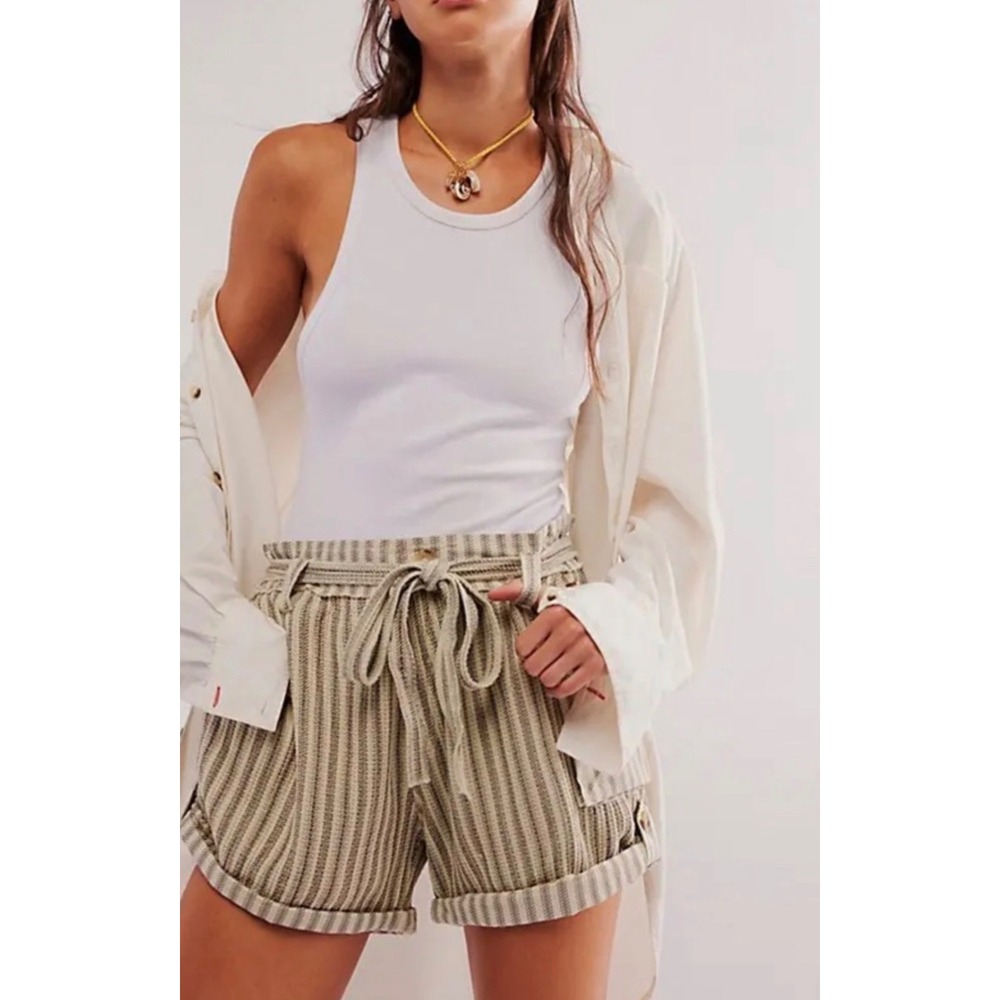 Free People FP One Harriet Striped Shorts Paperbag Waist Cuffed Hem L Boho Beach